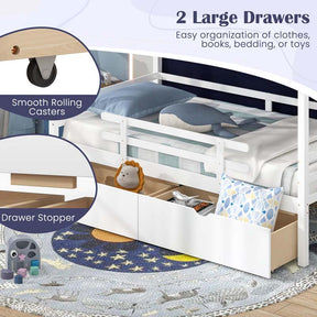 Twin House Bed with Tent, 2 Storage Drawers, Solid Wood Daybed Frame with Rails and Roof, Twin Montessori Bed for Kids Boys Girls Teens