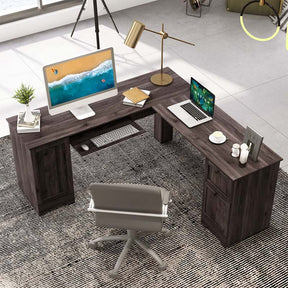 L-Shaped Corner Desk with Storage Drawers & Keyboard Tray, Space-Saving Home Office Computer Desk