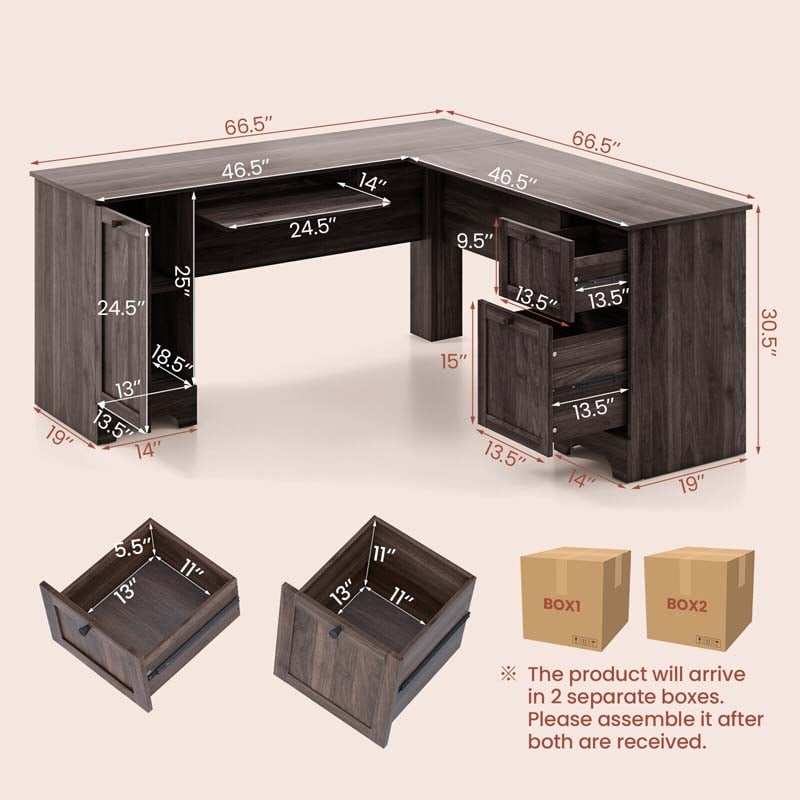 L-Shaped Corner Desk with Storage Drawers & Keyboard Tray, Space-Saving Home Office Computer Desk