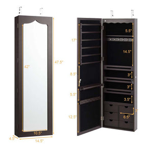 5 LEDs Mirror Jewelry Armoire Wall Door Mounted, Lockable Jewelry Organizer Cabinet with 6 Drawers and Full Length Mirror