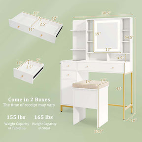 Makeup Vanity Table with 3 Lighting Modes, Mirrored Cabinet Door, Charging Station, Drawers, Shelves, Bedroom Makeup Dressing Table and Stool Set