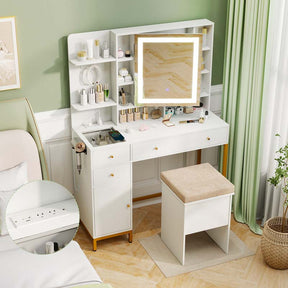 Makeup Vanity Table with 3 Lighting Modes, Mirrored Cabinet Door, Charging Station, Drawers, Shelves, Bedroom Makeup Dressing Table and Stool Set