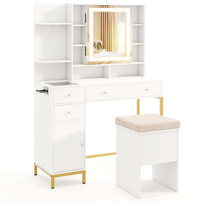 Makeup Vanity Table with 3 Lighting Modes, Mirrored Cabinet Door, Charging Station, Drawers, Shelves, Bedroom Makeup Dressing Table and Stool Set