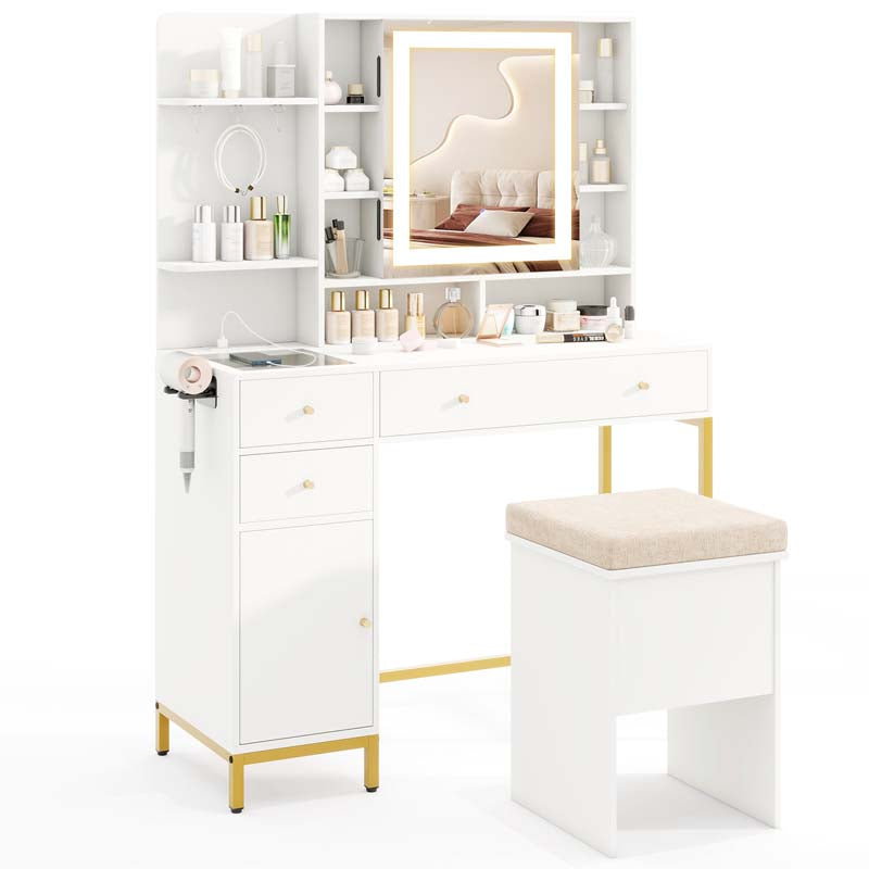 Makeup Vanity Table with 3 Lighting Modes, Mirrored Cabinet Door, Charging Station, Drawers, Shelves, Bedroom Makeup Dressing Table and Stool Set