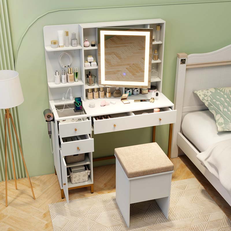 Makeup Vanity Table with 3 Lighting Modes, Mirrored Cabinet Door, Charging Station, Drawers, Shelves, Bedroom Makeup Dressing Table and Stool Set