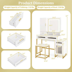 Modern Makeup Vanity Desk with Mirror and Lights, Charging Station, Jewelry Organizer, Side Cabinet, 44" Bedroom Vanity Dressing Table with Stool