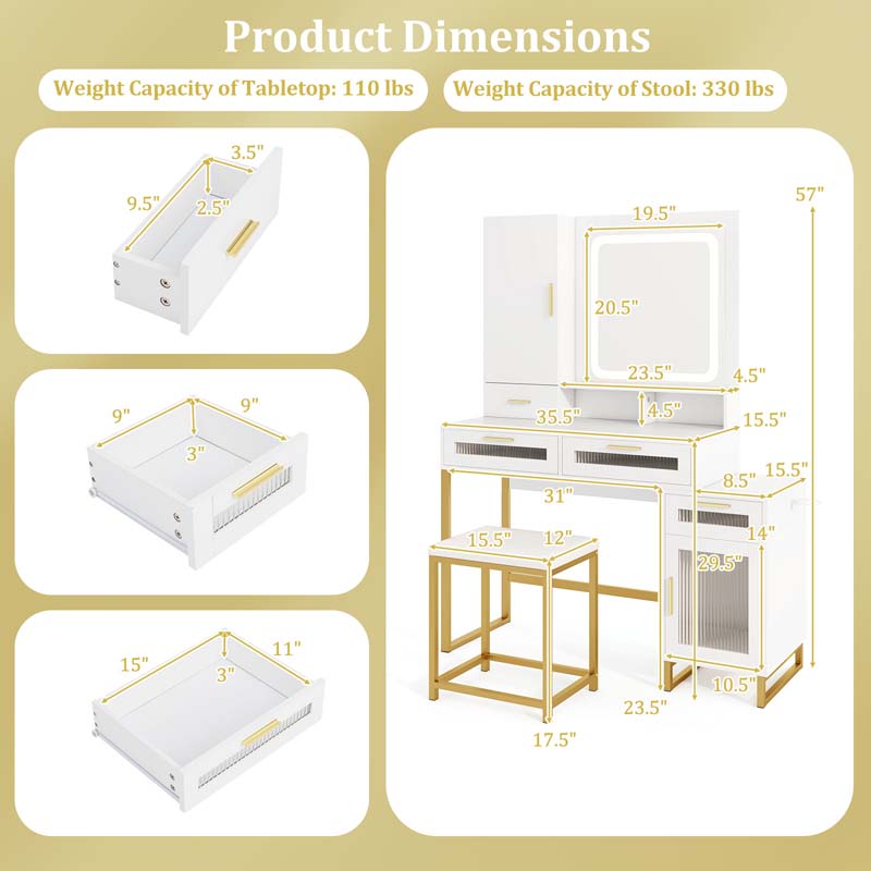 Modern Makeup Vanity Desk with Mirror and Lights, Charging Station, Jewelry Organizer, Side Cabinet, 44" Bedroom Vanity Dressing Table with Stool