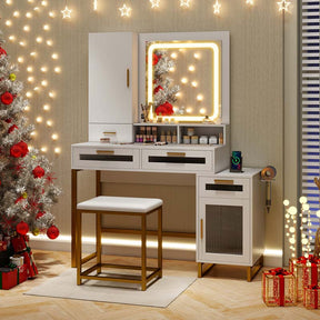 Modern Makeup Vanity Desk with Mirror and Lights, Charging Station, Jewelry Organizer, Side Cabinet, 44" Bedroom Vanity Dressing Table with Stool