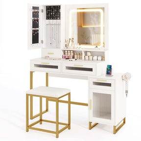 Modern Makeup Vanity Desk with Mirror and Lights, Charging Station, Jewelry Organizer, Side Cabinet, 44" Bedroom Vanity Dressing Table with Stool