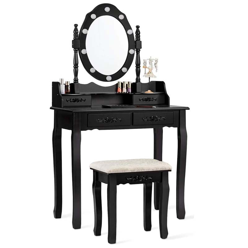 4-Drawer Makeup Vanity Table Set with 10 LED Lights, Storage Shelf, Rose Knob, Bedroom Dressing Makeup Table Vanity Desk