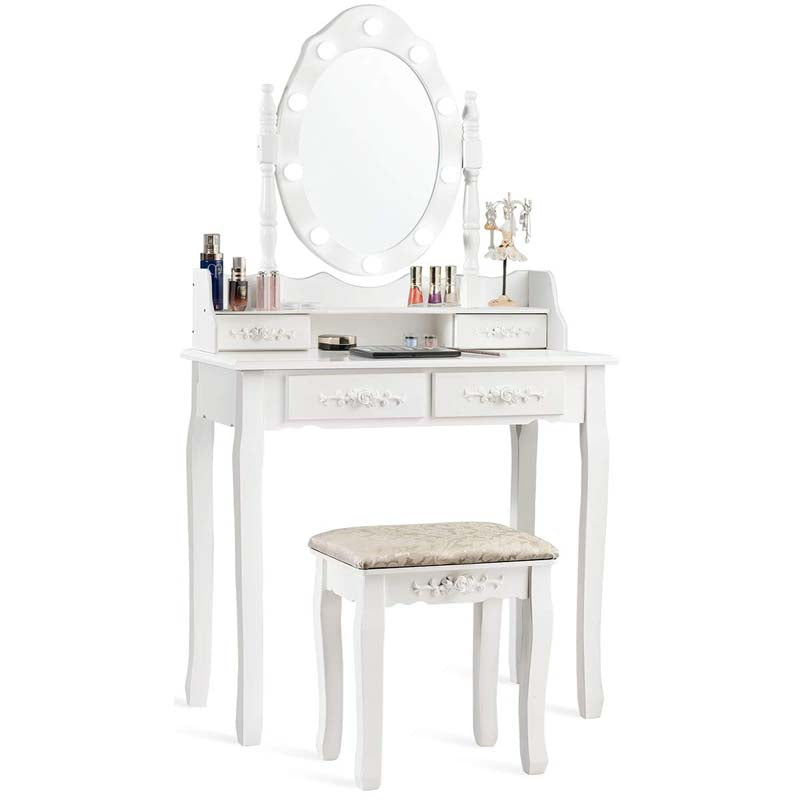 4-Drawer Makeup Vanity Table Set with 10 LED Lights, Storage Shelf, Rose Knob, Bedroom Dressing Makeup Table Vanity Desk