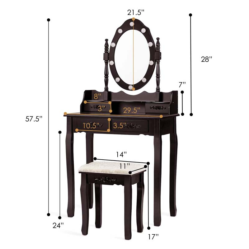 4-Drawer Makeup Vanity Table Set with 10 LED Lights, Storage Shelf, Rose Knob, Bedroom Dressing Makeup Table Vanity Desk