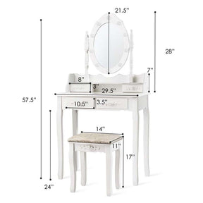 4-Drawer Makeup Vanity Table Set with 10 LED Lights, Storage Shelf, Rose Knob, Bedroom Dressing Makeup Table Vanity Desk