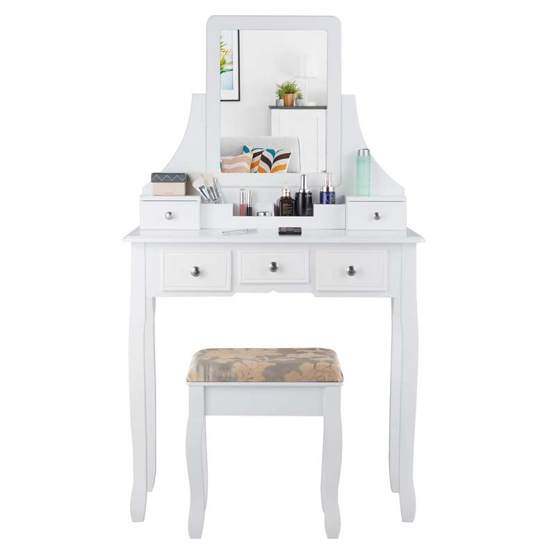 5-Drawer Makeup Table Vanity Set with Mirror & Cushioned Stool, Bedroom Dressing Table with Removable Storage Organizers