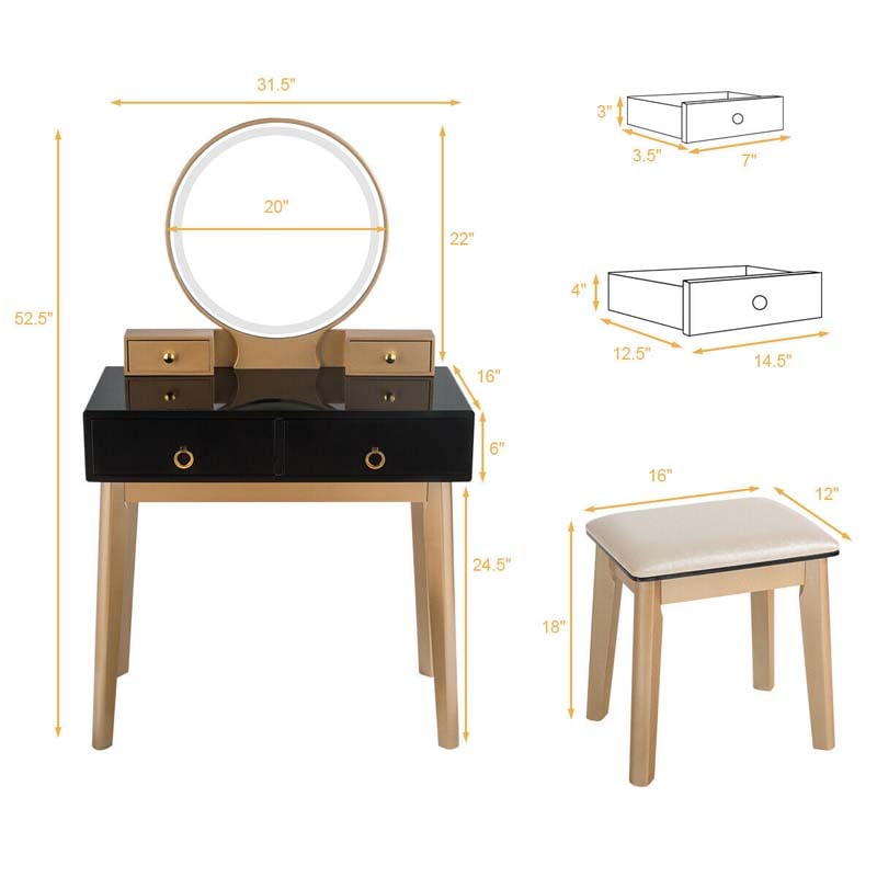 Modern Makeup Vanity Set with Touch Screen Dimming Mirror and 3 Color LED Lighting Modes, Jewelry Divider Dressing Table