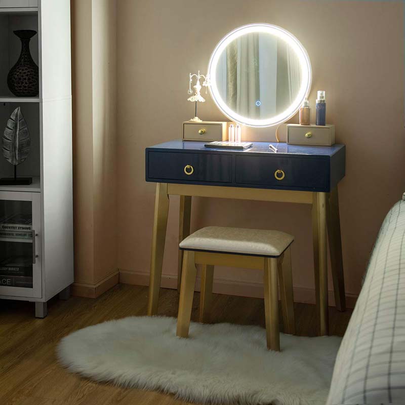 Modern Makeup Vanity Set with Touch Screen Dimming Mirror and 3 Color LED Lighting Modes, Jewelry Divider Dressing Table
