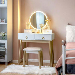 Modern Makeup Vanity Set with Touch Screen Dimming Mirror and 3 Color LED Lighting Modes, Jewelry Divider Dressing Table