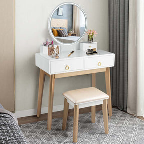 Modern Makeup Vanity Set with Touch Screen Dimming Mirror and 3 Color LED Lighting Modes, Jewelry Divider Dressing Table