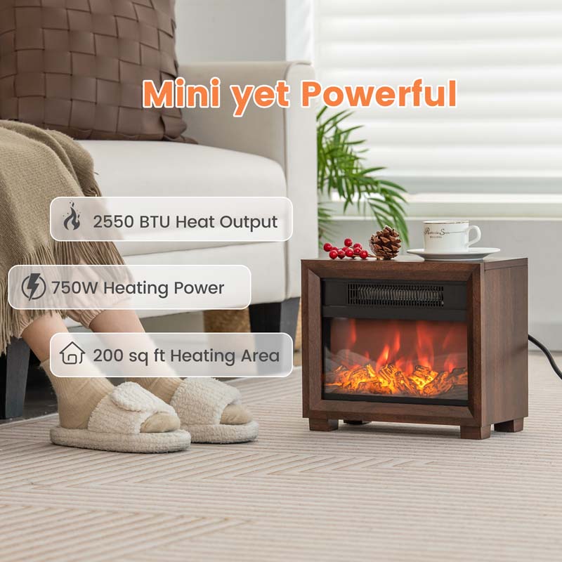 13" Wood-like Mini Electric Fireplace Heater for Indoor Bedroom Use, 750W Portable Space Heater with Realistic Flame Effect