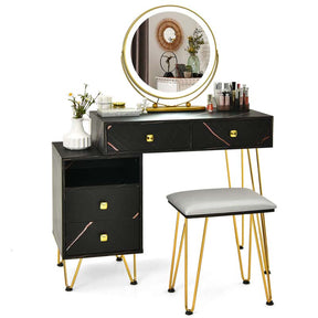 Wooden Makeup Dressing Table Bedroom Vanity Set with 3 Colors Lighted Mirror & Stool, Left or Right Side Cabinet