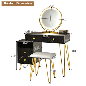 Wooden Makeup Dressing Table Bedroom Vanity Set with 3 Colors Lighted Mirror & Stool, Left or Right Side Cabinet