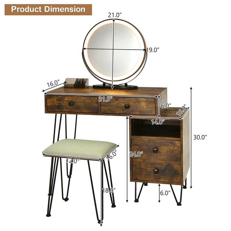 Wooden Makeup Dressing Table Bedroom Vanity Set with 3 Colors Lighted Mirror & Stool, Left or Right Side Cabinet