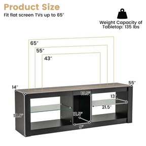 55" LED Light TV Stand for TVs up to 65 inches, Media Console Entertainment Center with 22 Dynamic Light Mode, Adjustable Tempered Glass Shelves