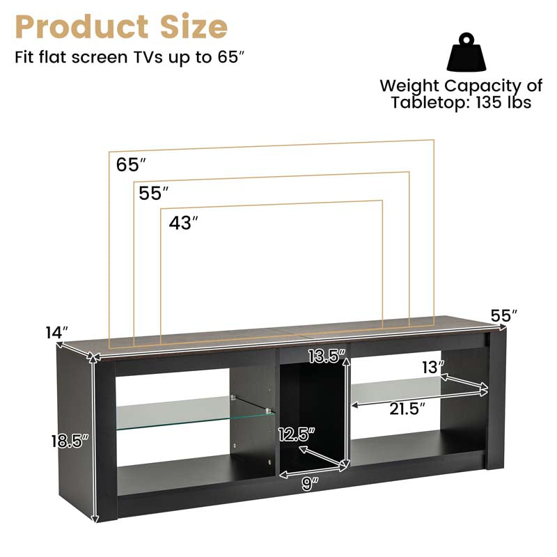 55" LED Light TV Stand for TVs up to 65 inches, Media Console Entertainment Center with 22 Dynamic Light Mode, Adjustable Tempered Glass Shelves