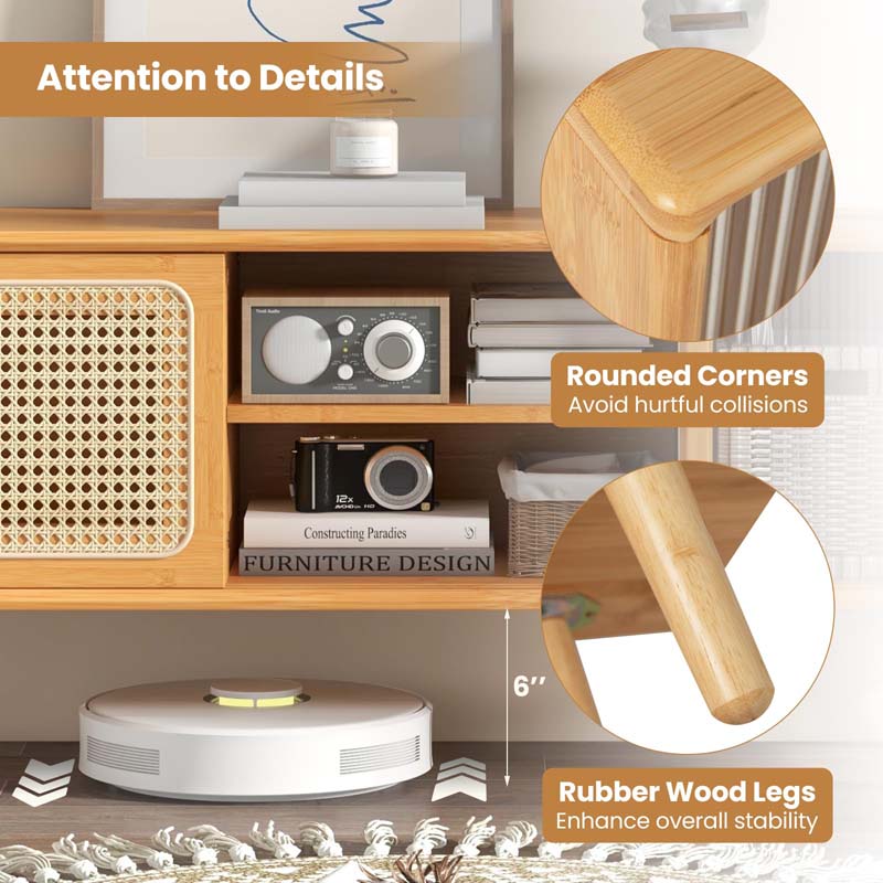 Mid Century Modern TV Stand for TVs up to 55", Bamboo Entertainment Center w/PE Rattan & Tempered Glass Sliding Doors