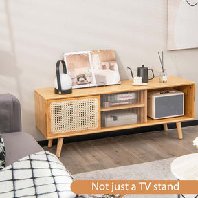 Mid Century Modern TV Stand for TVs up to 55", Bamboo Entertainment Center w/PE Rattan & Tempered Glass Sliding Doors