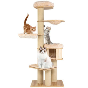 Multi-Level Large Cat Tower with Cat Condo, Modern Wood Tall Cat Tree with Sisal Posts & Washable Mats