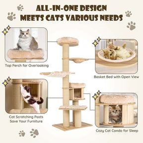 Multi-Level Large Cat Tower with Cat Condo, Modern Wood Tall Cat Tree with Sisal Posts & Washable Mats