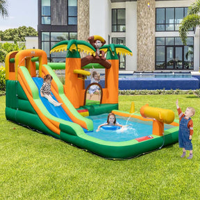 7-in-1 Inflatable Monkey Water Park Blow up Water Bounce House Outdoor with Long Waterslide, Splash Pool, 680W Blower