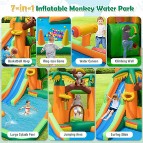 7-in-1 Inflatable Monkey Water Park Blow up Water Bounce House Outdoor with Long Waterslide, Splash Pool, 680W Blower