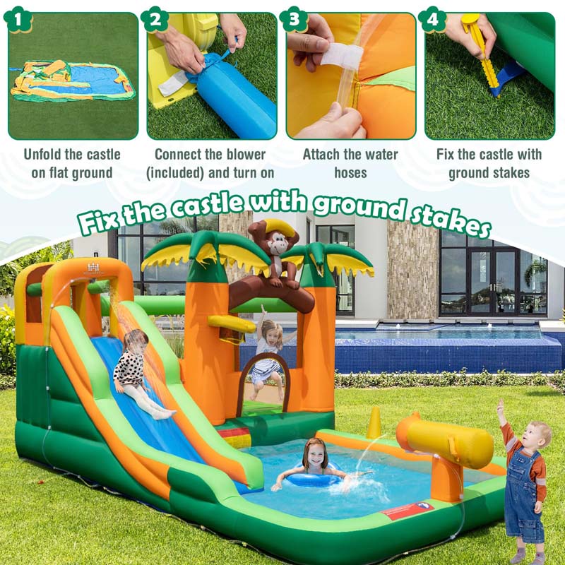 7-in-1 Inflatable Monkey Water Park Blow up Water Bounce House Outdoor with Long Waterslide, Splash Pool, 680W Blower