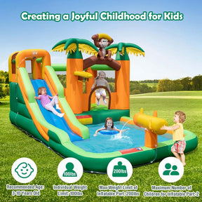 7-in-1 Inflatable Monkey Water Park Blow up Water Bounce House Outdoor with Long Waterslide, Splash Pool, 680W Blower