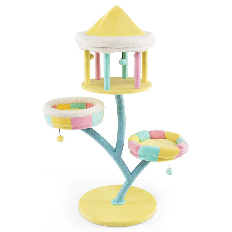 57.5"H Amusement Park Style Cat Tree Tower with Scratching Posts, Top Open Condo, 2 Perches, Dangling Balls