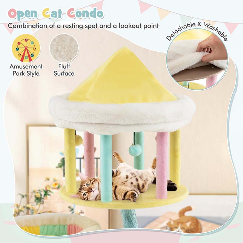 57.5"H Amusement Park Style Cat Tree Tower with Scratching Posts, Top Open Condo, 2 Perches, Dangling Balls