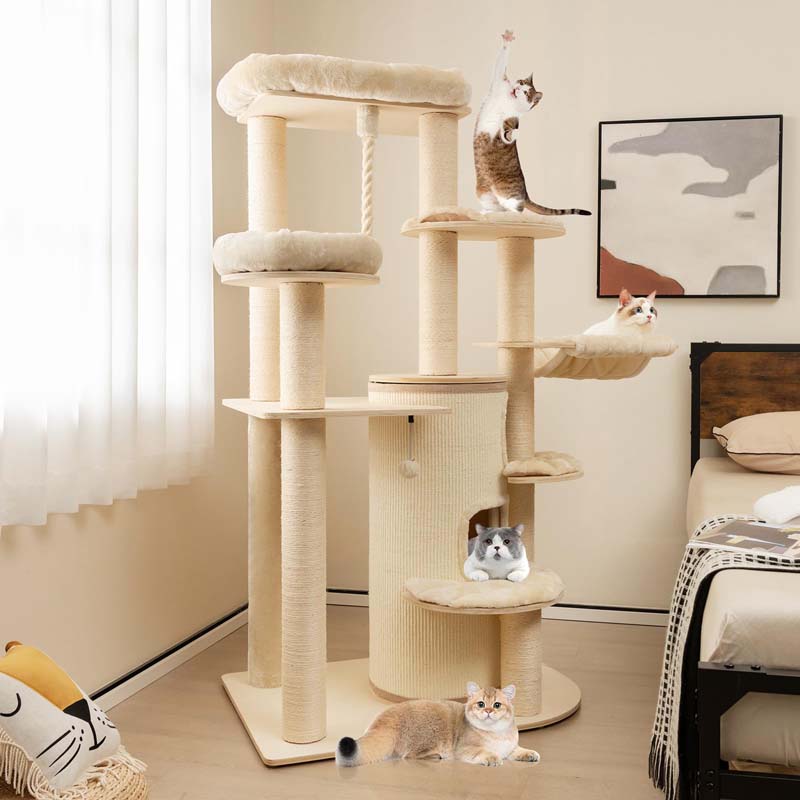 67" Multi-Level Tall Cat Tree for Medium to Large Cats, 3-Story Cat Condo with Top Perch, Hammock, Sisal Scratching Posts