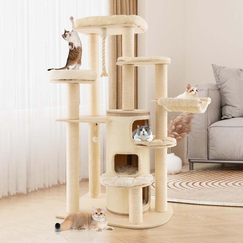 67" Multi-Level Tall Cat Tree for Medium to Large Cats, 3-Story Cat Condo with Top Perch, Hammock, Sisal Scratching Posts