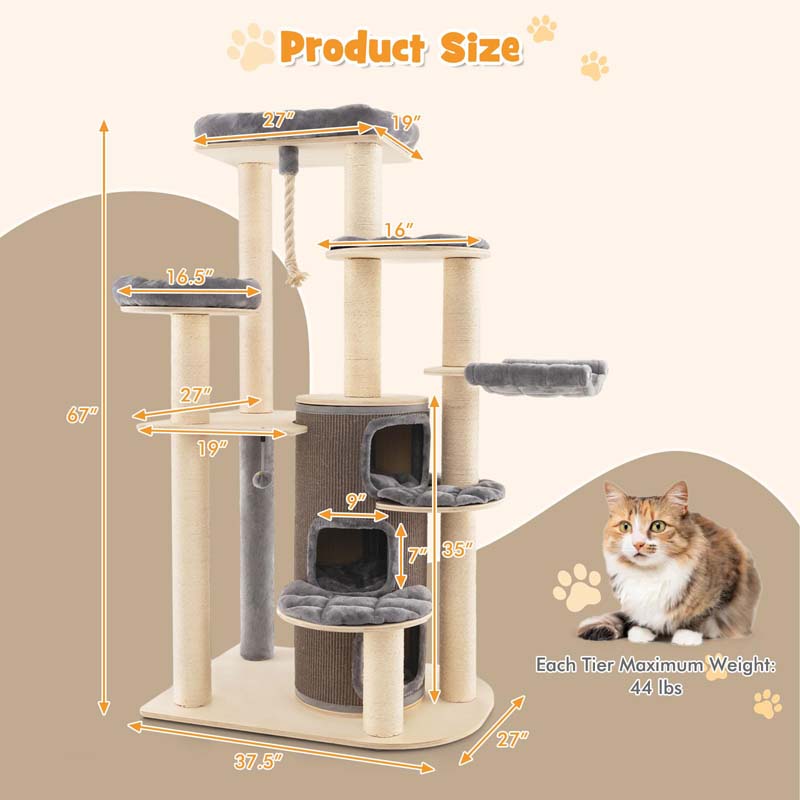 67" Multi-Level Tall Cat Tree for Medium to Large Cats, 3-Story Cat Condo with Top Perch, Hammock, Sisal Scratching Posts