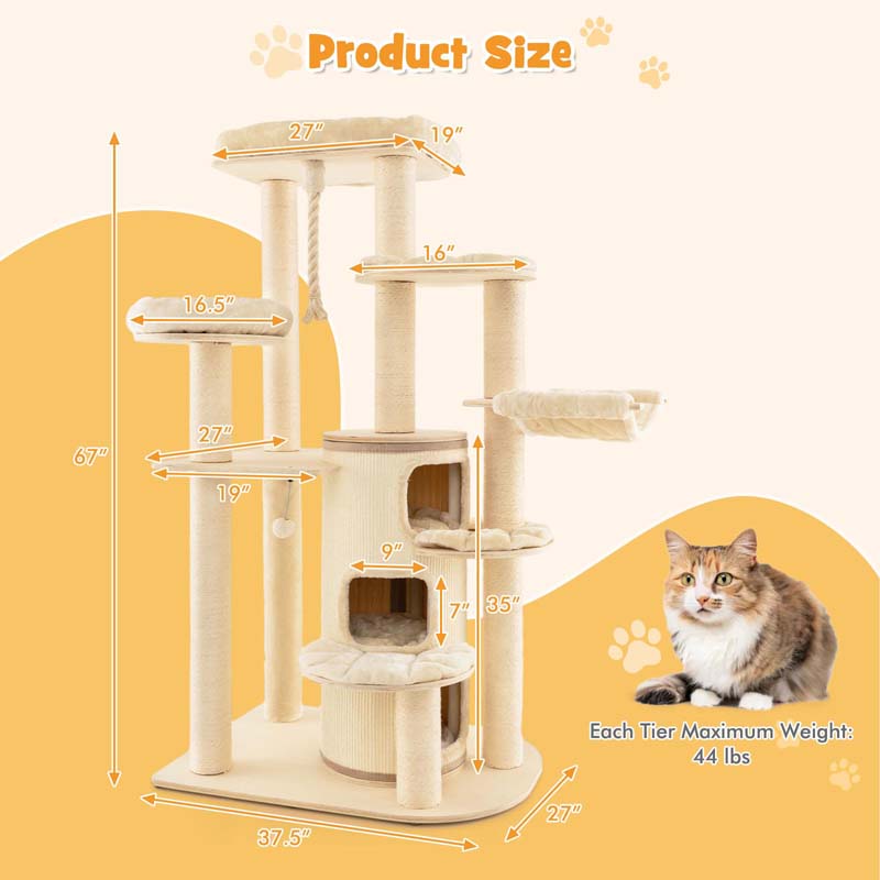 67" Multi-Level Tall Cat Tree for Medium to Large Cats, 3-Story Cat Condo with Top Perch, Hammock, Sisal Scratching Posts