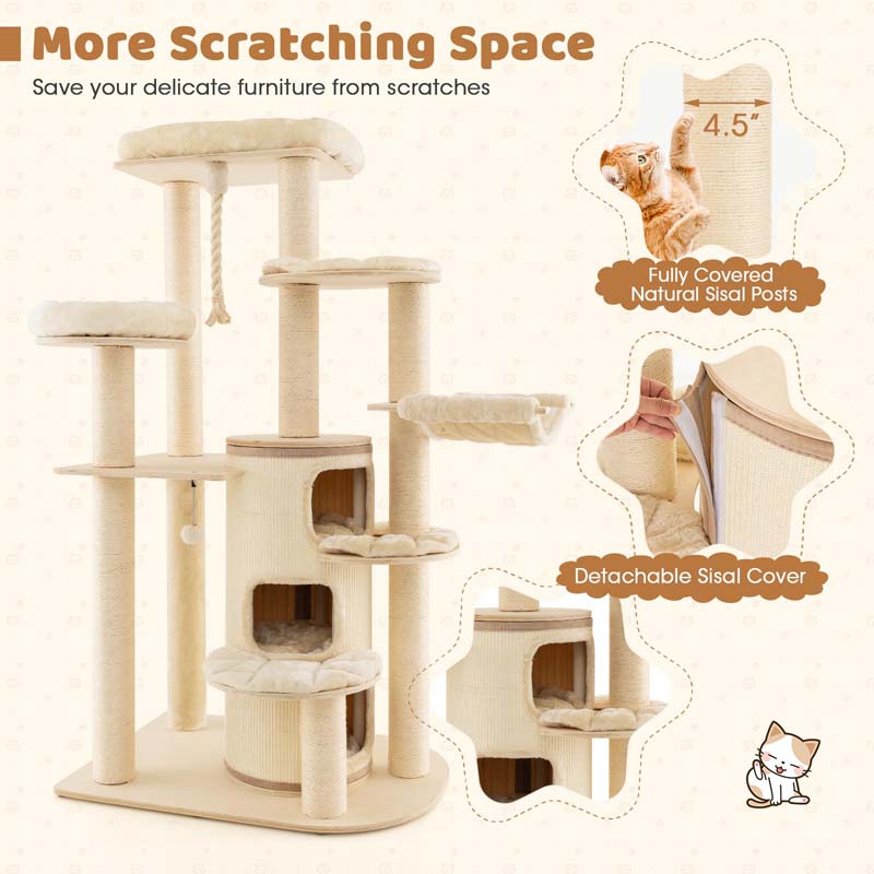 67" Multi-Level Tall Cat Tree for Medium to Large Cats, 3-Story Cat Condo with Top Perch, Hammock, Sisal Scratching Posts