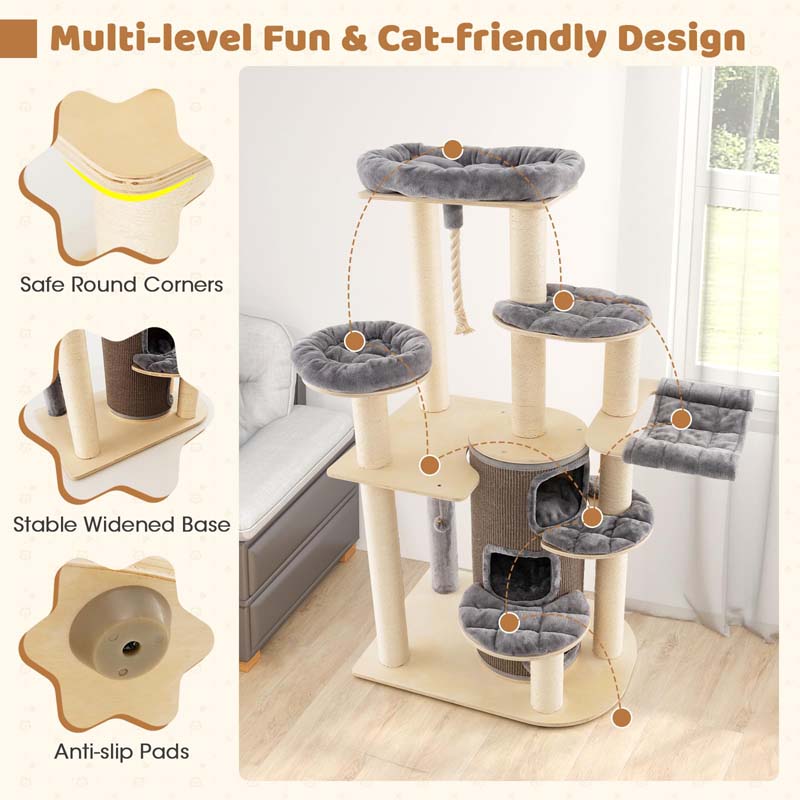 67" Multi-Level Tall Cat Tree for Medium to Large Cats, 3-Story Cat Condo with Top Perch, Hammock, Sisal Scratching Posts