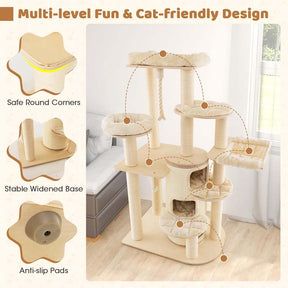 67" Multi-Level Tall Cat Tree for Medium to Large Cats, 3-Story Cat Condo with Top Perch, Hammock, Sisal Scratching Posts