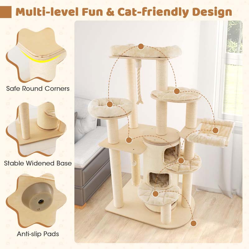 67" Multi-Level Tall Cat Tree for Medium to Large Cats, 3-Story Cat Condo with Top Perch, Hammock, Sisal Scratching Posts