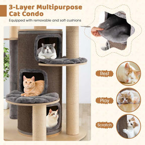 67" Multi-Level Tall Cat Tree for Medium to Large Cats, 3-Story Cat Condo with Top Perch, Hammock, Sisal Scratching Posts