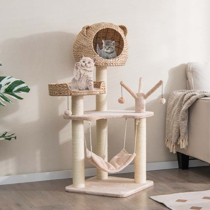 Hand-Made Cattail Cat Condo with Funny Toy Balls, Hammock, Scratching Posts, Multi-Level Modern Cat Tree Tower for Large Cats