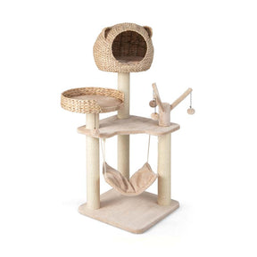 Hand-Made Cattail Cat Condo with Funny Toy Balls, Hammock, Scratching Posts, Multi-Level Modern Cat Tree Tower for Large Cats