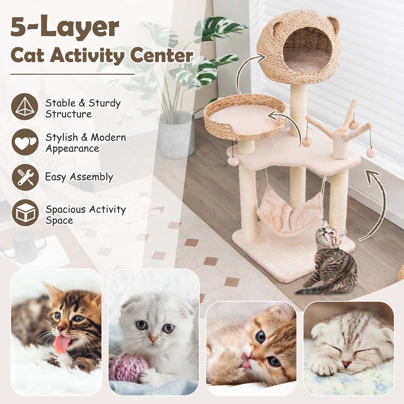 Hand-Made Cattail Cat Condo with Funny Toy Balls, Hammock, Scratching Posts, Multi-Level Modern Cat Tree Tower for Large Cats